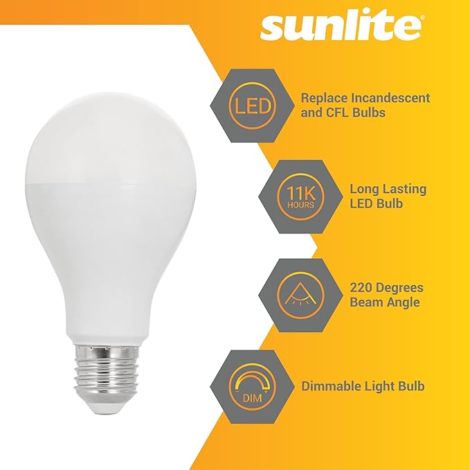 Sunlite LED A21 Light Bulb, 18 Watts (150W Equivalent), 2600 Lumens, 120V, Dimmable, Medium E26 Base, 220 Degree Beam Angle, UL Listed, RoHS Compliant, 3000K Warm White, 6 Pack