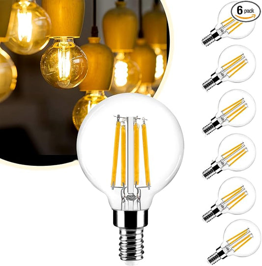 G16.5 LED Bulb 60w Dimmable 2700k Warm White 5W 120V, 6 Pack High Output Led G16.5 Clear Globe Bulb, No Flicker G 16.5 Round Bulb E12 Candelabra Base Clear Glass for Indoor/Outdoor Lighting.