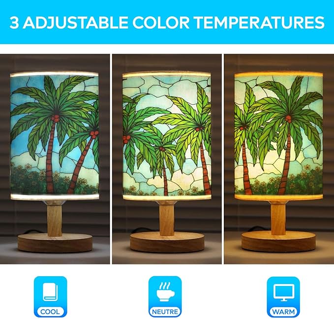 Hawaiian Palm Table Lamp LED 3-Color Pressed Bedside, Hawaiian Palm Shade Lamp with Wood Base for Bedroom Living Room Desk Office