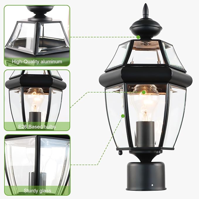 Kalium Outdoor Post Lights, 15" Lamp Post Light Fixture Waterproof Aluminum Housing with Glass, E26 Base Matte Black Lamp Posts Outdoor Lighting for Garden Patio Pathway Walkway （Pole not Included）
