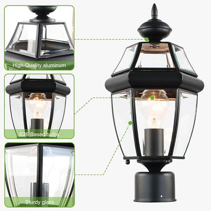 Kalium Outdoor Post Lights, 15" Lamp Post Light Fixture Waterproof Aluminum Housing with Glass, E26 Base Matte Black Lamp Posts Outdoor Lighting for Garden Patio Pathway Walkway （Pole not Included）