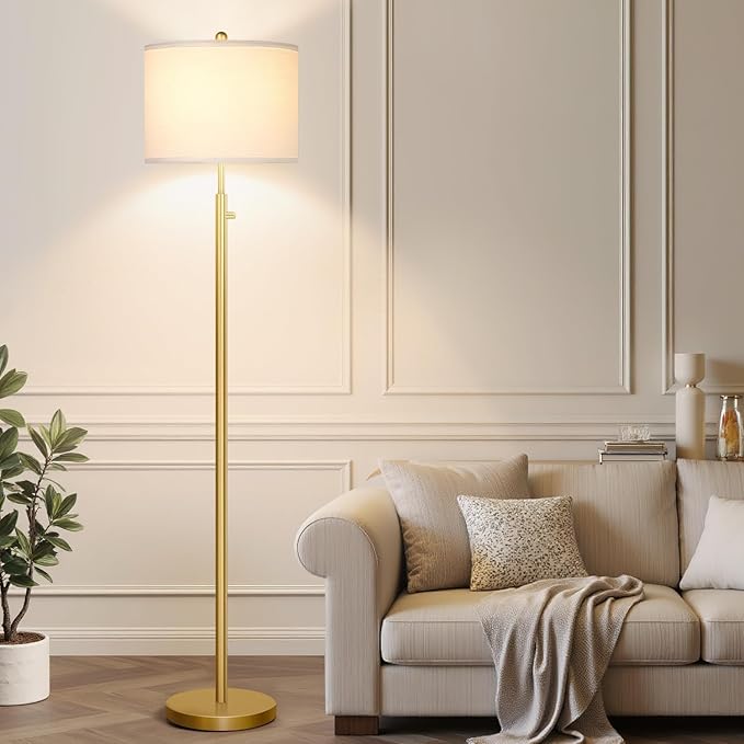 Nintiue 【Upgraded】 Dimmable Floor Lamp for Living Room, 11W LED Bulb Included, Modern Standing Lamp, Tall Pole Light with Linen Shade for Bedroom Reading Office Corner Nursery-Gold