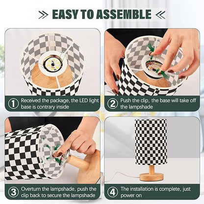 Bedside Lamp Black White Checkered Pattern Table Lamp for Bedroom LED Nightstand Lamp Shade USB Ports Wood Base for Living Room Dorm Office