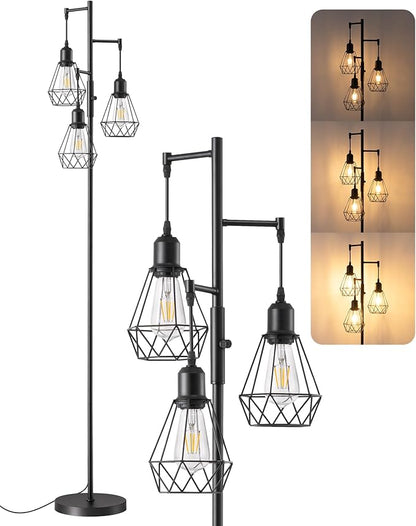 EDISHINE 70IN Farmhouse Floor Lamps for Living Room, Dimmable Industrial Tall Standing Lamps 3 LED Edison Bulbs Included, Diamond-Shaped Cage, Rustic Tree Corner Light for Bedroom, Office, Black