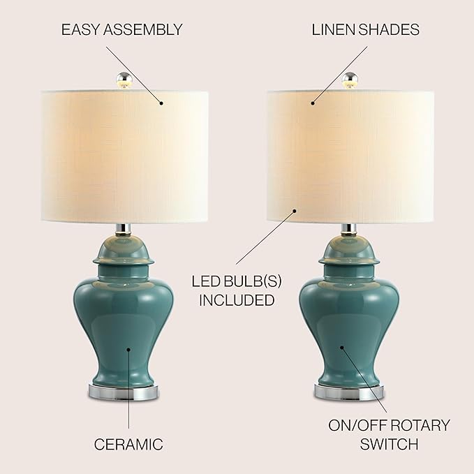 JONATHAN Y JYL6602A-SET2 22" Jade Green Classic Ceramic Table Lamp Set of 2 for Living Room, Traditional Ginger Jar Bedside Lamps for Bedroom Nightstand with White Linen Shade, LED Bulbs Included