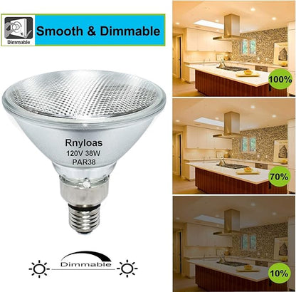 4 Pack Long Lifespan PAR38 Flood Light Bulb, Dimmable 38W 120V, High Output 400LM, Warm White, E26 Base, Indoor/Outdoor