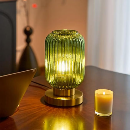 Bedside Table Lamp with Green Glass Shade, Small Nightlight Lamp Elegant Glass Nightstand Lamps Modern Desk Light with Plug-in Style for Bedroom Living Room Tabletop Dia5.9"x H9.8"