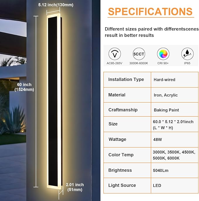 2 Pack Outdoor Long Wall Lights 60In Modern Exterior LED Linear Wall Sconce, Black Wall-Mounted LED Outdoor Linear Lighting Fixture IP65 Waterproof Exterior Garage Lights for Courtyard Porch