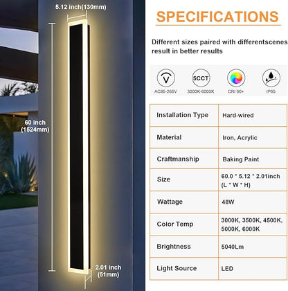 2 Pack Outdoor Long Wall Lights 60In Modern Exterior LED Linear Wall Sconce, Black Wall-Mounted LED Outdoor Linear Lighting Fixture IP65 Waterproof Exterior Garage Lights for Courtyard Porch