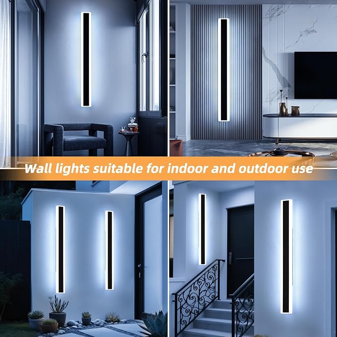 Mikeru 2Pack 57inch Long Led Wall Light, 6000k Cool White Modern Outdoor Wall Light Ip65 Waterproof Black Acrylic Porch Exterior Lighting Fixtures, Exterior Wall Mount Lights