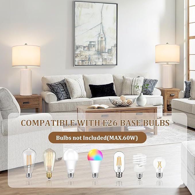 23.5’’ Beige Modern Ceramic Table Lamps Set of 2 for Living Room, Farmhouse Bedside Lamps with Upgraded White Linen Shade, Rustic Nightstand Lamps for Bedroom Home Office, Vintage End Table Dorm