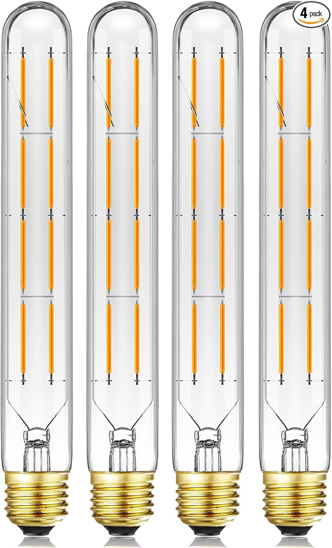 Leools T10 Led Long Bulbs 8W,E26 Dimmable Tubular Bulb,Equivalent 75 Watt, E26 Edison Style Vintage LED Filament Light Bulb,2700K Warm White,8.9in(225mm),4-Pack.