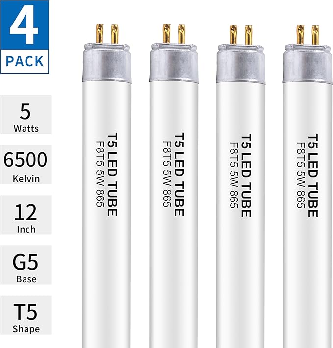 12 Inch F8T5/DL LED Replacement Bulbs, 6500K Daylight, T5 LED 5 Watts Replace Fluorescent Bulb with LED, Replacement Tube for Counter and Cabinet Fixture, 4 Pack
