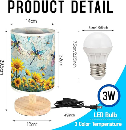 Dragonfly Table Lamp LED 3-Color Pressed Bedside, Dragonfly Shade Lamp with Wood Base for Bedroom Living Room Desk Office TL01