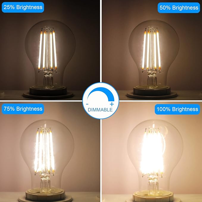 Energetic Dimmable LED Filament Light Bulbs, 8W, 60 Watt Equivalent, Warm White 3000K, Classic Clear Glass, A19 LED Light Bulb, 6 Pack