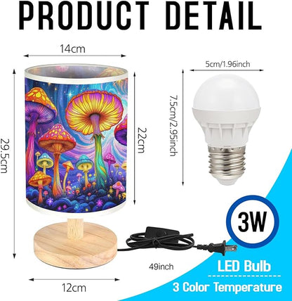 Psychedelic Mushrooms Table Lamp LED 3-Color Pressed Bedside, Psychedelic Mushrooms Shade Lamp with Wood Base for Bedroom Living Room Desk Office TL01