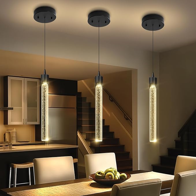 Modern Pendant Lights Kitchen Island Black Crystal Mini Pendant Light with Dimmable LED 2700K-6000K,Bubble Crystal Chandelier Dining Room and Bar - 1 Pack