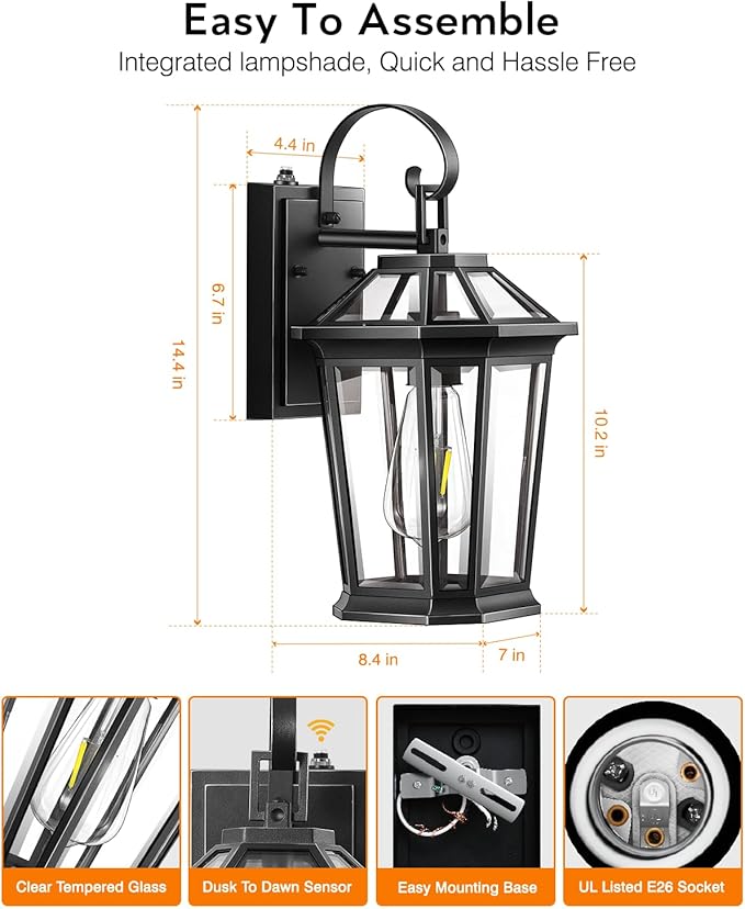 VIANIS Dusk to Dawn Exterior Light Fixture, Waterproof Outdoor Wall Sconce Porch Light for House, 100% Anti-Rust Aluminum Outside House Lights, Farmhouse Coach Lantern for Porch, Garage, Front Door