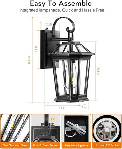 VIANIS Dusk to Dawn Outdoor Wall Lighting, Exterior Light Fixture Wall Mount for House Front Porch Light, Black Anti-Rust Aluminium Modern Outside Coach Lantern with Tempered Glass Shade for Garage