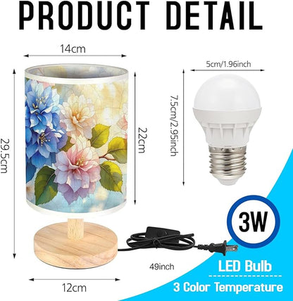 Hydrangea Table Lamp LED 3-Color Pressed Bedside, Hydrangea Shade Lamp with Wood Base for Bedroom Living Room Desk Office
