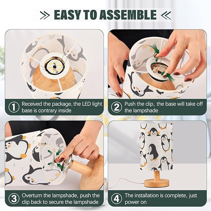 Bedside Lamp Cute Penguins Table Lamp for Bedroom LED Nightstand Lamp Shade USB Ports Wood Base for Living Room Dorm Office