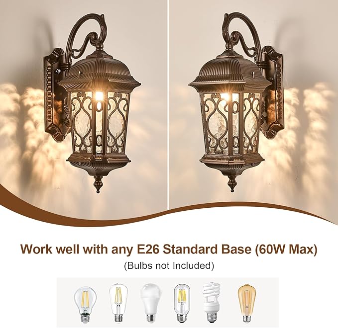 21" H Oil-Rubbed Bronze Outdoor Wall Light Large Size Dusk to Dawn Exterior Wall Lantern Fixture, Dark Brown Rustic Porch Lamp with Water Glass Waterproof Outside Wall Sconce for House Garage