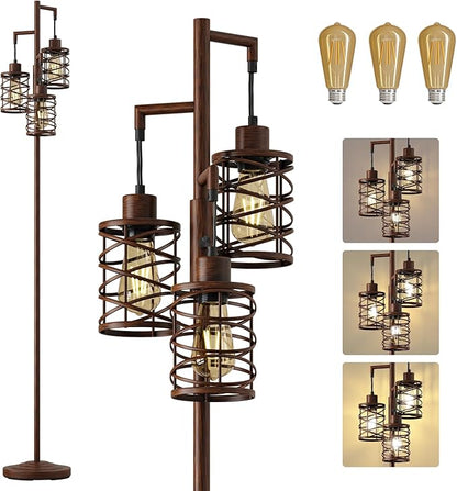 Oneach 70" Industrial Floor Lamp, Stepless Dimmable Standing Lamp with 3 Bulbs, Farmhouse Corner Standing Tree Lamp for Living Room, Tall Lamps for Bedroom, Office, Study Room, Dining Room, Walnut