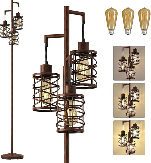 Oneach 70" Industrial Floor Lamp, Stepless Dimmable Standing Lamp with 3 Bulbs, Farmhouse Corner Standing Tree Lamp for Living Room, Tall Lamps for Bedroom, Office, Study Room, Dining Room, Walnut