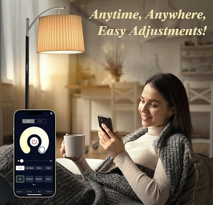 Etto Modern Dimmable Floor Lamp with Fabric & Pleated Shades, Remote & Touch Control, Adjustable Brightness & Color Temperatures, Tall Standing Lamp for Living Room Bedroom Office (Black Nicke)
