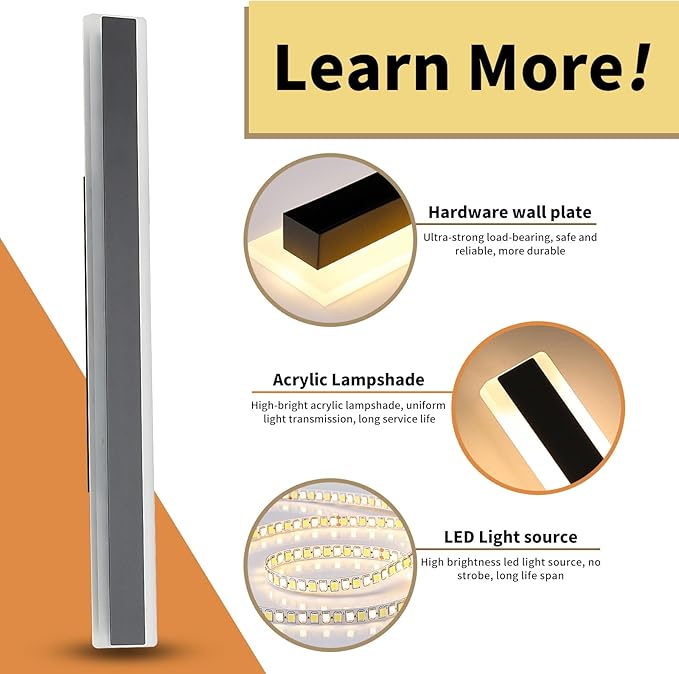 57inch Modern Long Outdoor Wall Lights, 3000K-6000K Dimmable Linear Wall Sconce, IP65 Waterproof, Black Exterior Lighting Fixture for House, Patio, Garden, Yard, House with Remote Control