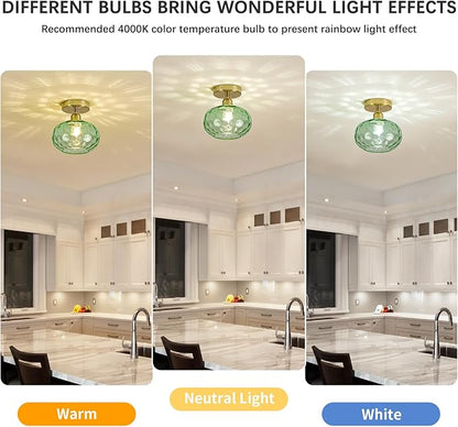 Green Glass Semi Flush Mount Ceiling Light - 7.9 Inch Hammered Art Deco Glass Small Hallway Light fixtures, Vintage Gold Flush Mount Ceiling Light for entryway Foyer Laundry Room Kitchen