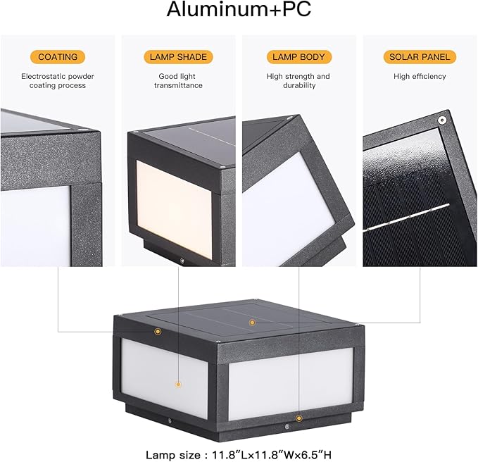Solar Post Lights, 11.8" Pillar Light Outdoor, Modern Column Lights, Fence Posts Cap Lamp Solar Powered, Square 3000K LED Light Fixture IP54 Waterproof for Garden Deck Patio Outside Lighting