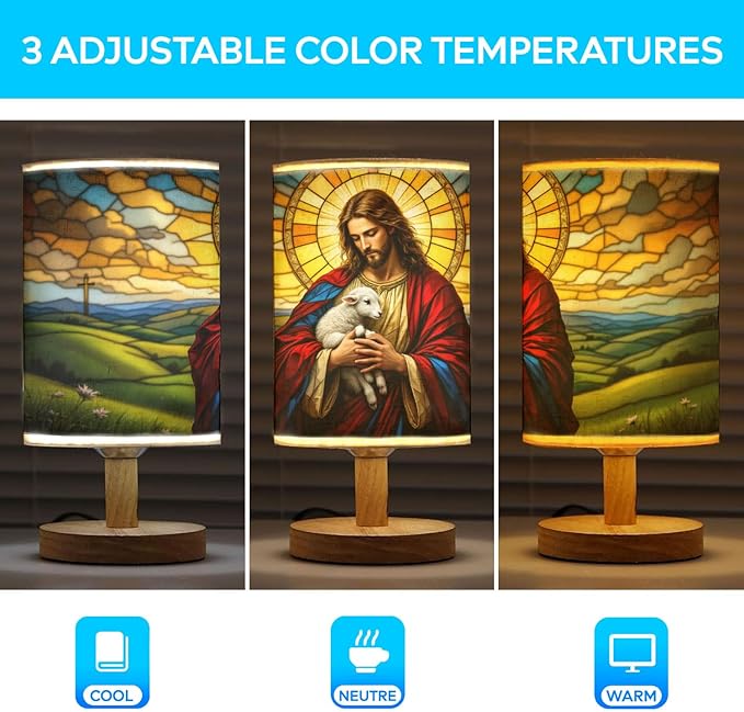 Jesus and The Lamb Table Lamp LED 3-Color Pressed Bedside, Jesus and The Lamb Shade Lamp with Wood Base for Bedroom Living Room Desk Office TL01