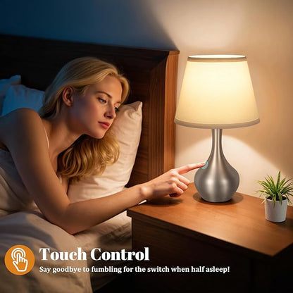 Seealle Touch Table Lamps for Nightstand Set of 2, 3-Way Dimmable Small Bedroom Lamps for Night Stands, Silver Bedside Lamps for Living Room, Kids Room, End Table(LED Bulbs Included)