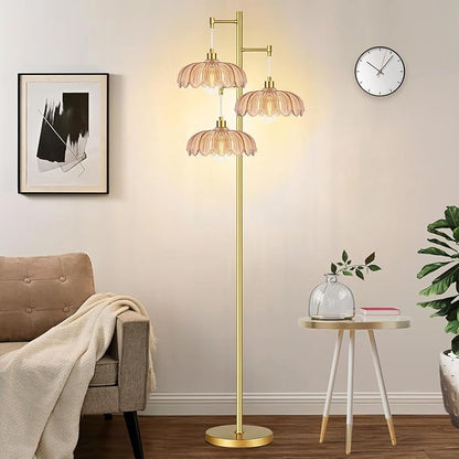 Glass Floor Lamp for Living Room,Bedroom,Gold Mid Century Modern Standing Lamp Brass Tree 3 Light Tall Floor Lamps Vintage Retro Floor Lights Flower Lamp Shade Farmhouse Boho Bohemian