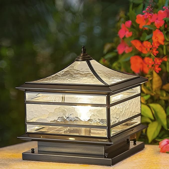 All Copper Steel Glass Outdoor Post lights, Waterproof Pillar Light, Vintage Patio Lawn Column Lamp,outdoor column lights,Deck Lights, Lantern Fence Lamp Fixture E26 Base (Wiring E26 Base, 16X16in)