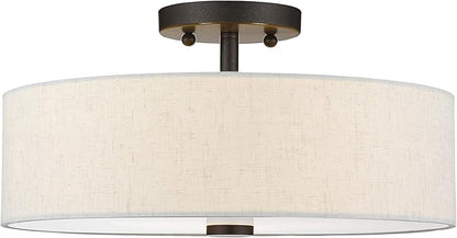 Livex Lighting 52135-92 Meridian Collection 3-Light Semi Flush Mount Ceiling Fixture with Oatmeal Color Fabric Hardback Drum Shade and Satin White Diffuser, English Bronze