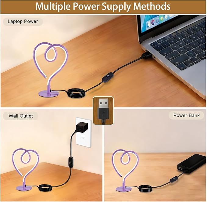 Purple Desk Lamp – 3CCT 2700K 4000K 6500K Stepless Dimmable Heart Lamp, Touch Control Aluminum Table Light with USB Adapter for Bedroom,Bedside,Nightstand