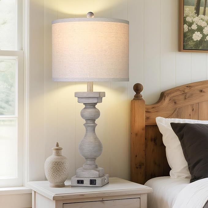 28" Tall Farmhouse Table Lamps Set of 2 with USB C+A Ports and AC Outlet, 3 Way Touch Tall Rustic Bedside Lamps for Living Room, Grey Vintage Lamps for Bedroom