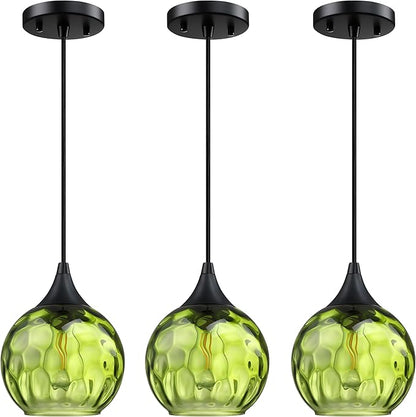 6.3" Hammer Dark Green Glass Pendant Light 3 Pack Pendant Ceiling Light Fixtures Black Finish Modern Farmhouse Dinning Over Sink Adjustable Height Cord