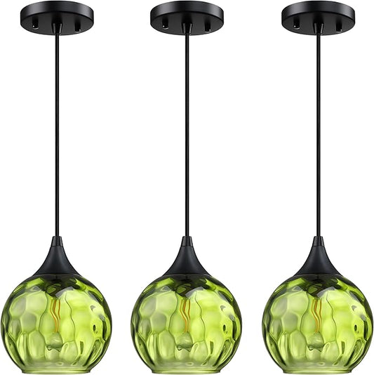6.3" Hammer Dark Green Glass Pendant Light 3 Pack Pendant Ceiling Light Fixtures Black Finish Modern Farmhouse Dinning Over Sink Adjustable Height Cord