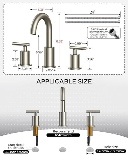 FORIOUS 2 Pack Brushed Nickel Bathroom Faucet 3 Hole with Pop Up Drain and 24" Supply Hose, 2 Handle 8 in Widespread 3 Hole Vanity Faucet for Bathroom Sink Brush Nickel with 360° Swivel Spout