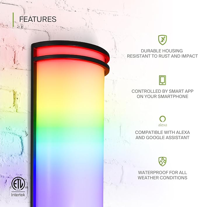 ASD 24 Inch Smart RGBW LED Outdoor & Indoor Wall Mount Light Fixture - Black RGB Wall Sconce Exterior Lighting - 120-277V 23W 2700-6500K Dimmable, Remote Control, Alexa - Front Door, Patio ETL 2 Pack