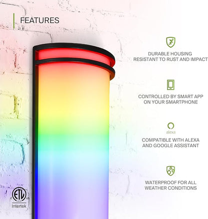 ASD 24 Inch Smart RGBW LED Outdoor & Indoor Wall Mount Light Fixture - Black RGB Wall Sconce Exterior Lighting - 120-277V 23W 2700-6500K Dimmable, Remote Control, Alexa - Front Door, Patio ETL 2 Pack