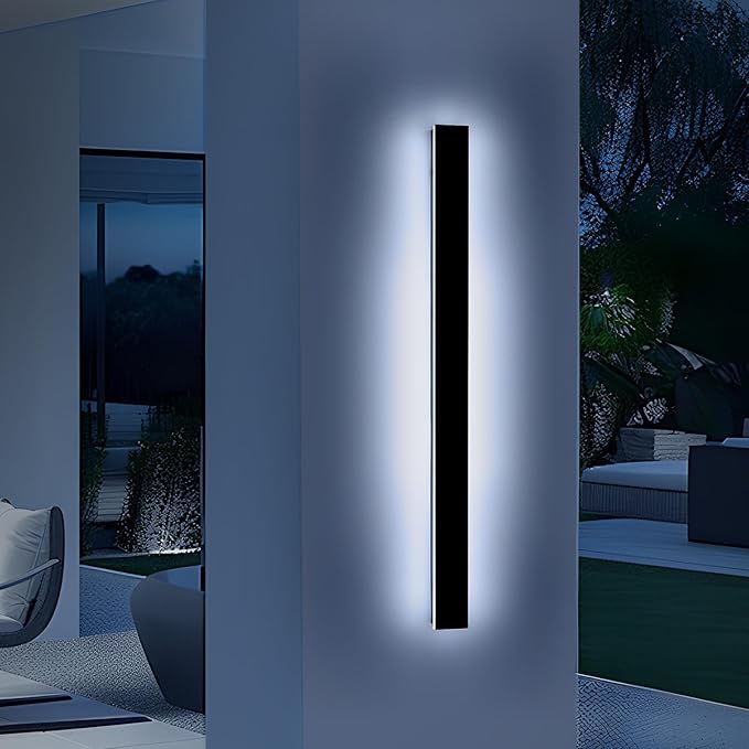 57inch Exterior Wall Light Fixture, 6000K Cold White, Modern Long Outdoor Wall Sconce, IP65 Waterproof, 50W, Black Minimalist Outside LED Strip Light for Garage, Patio, Balcony, Fence
