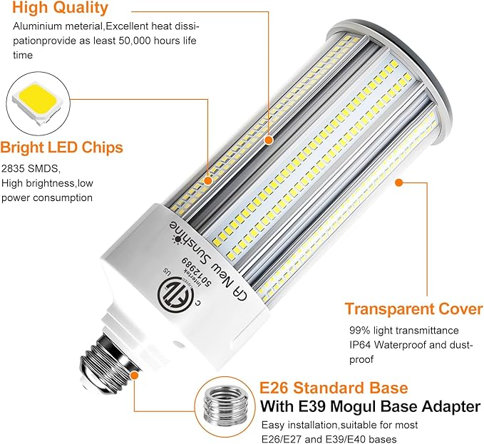 2 Pack 1000W Equivalent LED Corn Light Bulb 15000 Lumen 5000K 100W Large Area Daylight White E26/E39 Medium Base for Outdoor Indoor Garage Warehouse Factory Workshop Street Barn Backyard