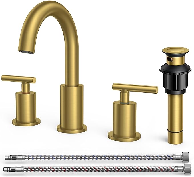 FORIOUS Brushed Gold Bathroom Faucet 3 Hole, 2 Handle 8 Inch Widespread Gold Sink Faucet Bathroom Vanity with 360 Degree Swivel Spout, with Pop Up Drain and cUPC Supply Line, for 6 to 12 in Sink