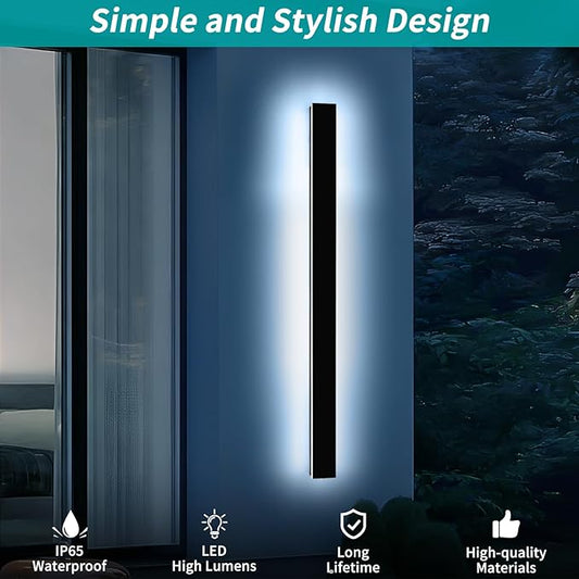 Mikeru 23.6" Outdoor Wall Sconce 6000K Cool White - IP65 Waterproof Black Exterior Light, Hardwired Wall Mounted Fixture for Porch, Patio & Entryway | Non-Dimmable Weatherproof Design