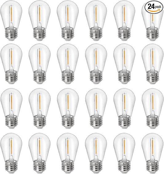 24Pack S14 Shatterproof LED Bulbs, E26 Screw Base Replacement for Outdoor String Lights - 1W Dimmable (Equal to 11W) 2700K Warm White, Weatherproof Patio Decor 120V