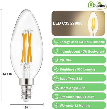 Depuley LED Light Bulbs E12: Candelabra Candle Light Bulb 4W Equivalent 40W Incandescent - LED Chandelier Light Bulbs 2700K Soft White - C35 Clear Filament Bulb E12 Base 500 LM 90+ CRI 6 Pack